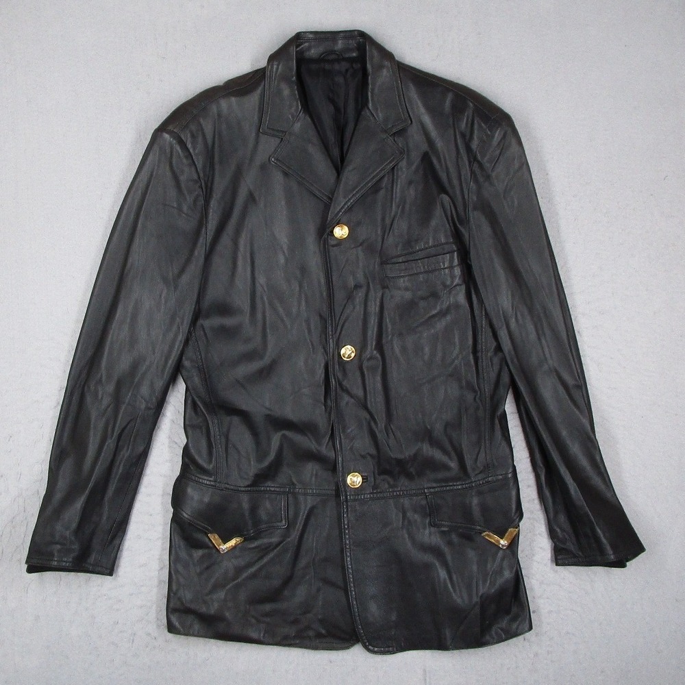 Vintage Istante Gianni Versace Black Leather Blazer Ram Head Gold Buttons Mens